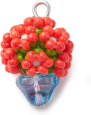 10Pcs Red Flower Plant Charms Handmade Glass Seed Beads Dangle Pendant Cute Pot Plant Hanging Ornaments for Jewelry Crafting Keychain Handbag Decoration