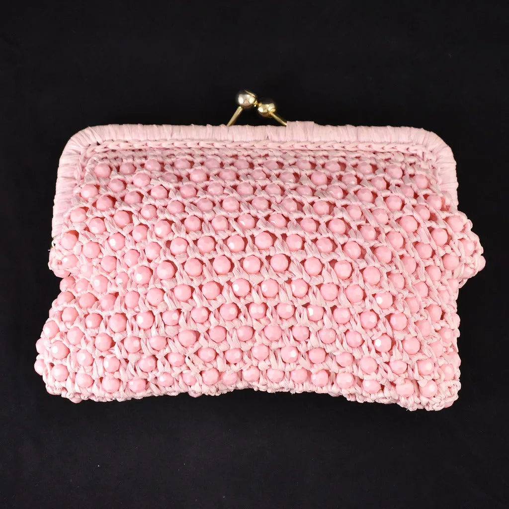 1950s Vintage Pink Bead & Raffia Clutch