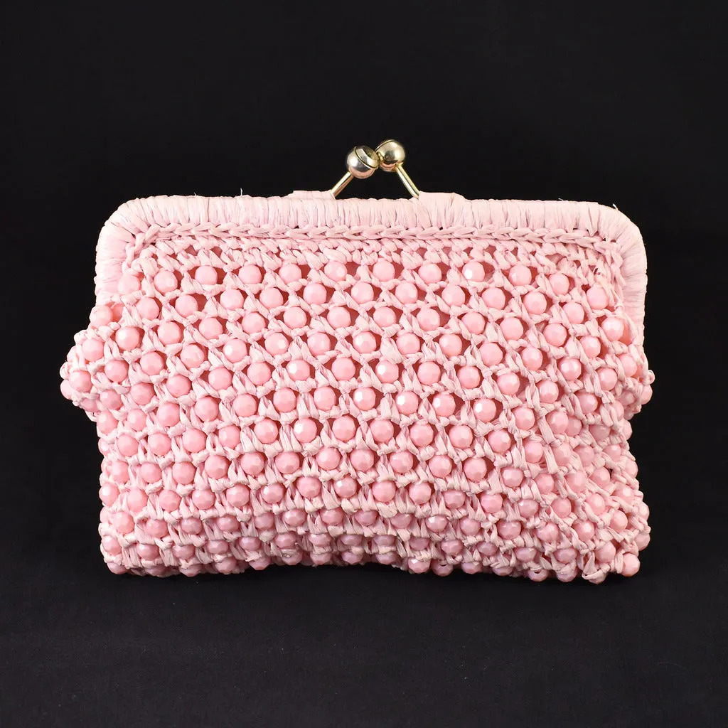 1950s Vintage Pink Bead & Raffia Clutch