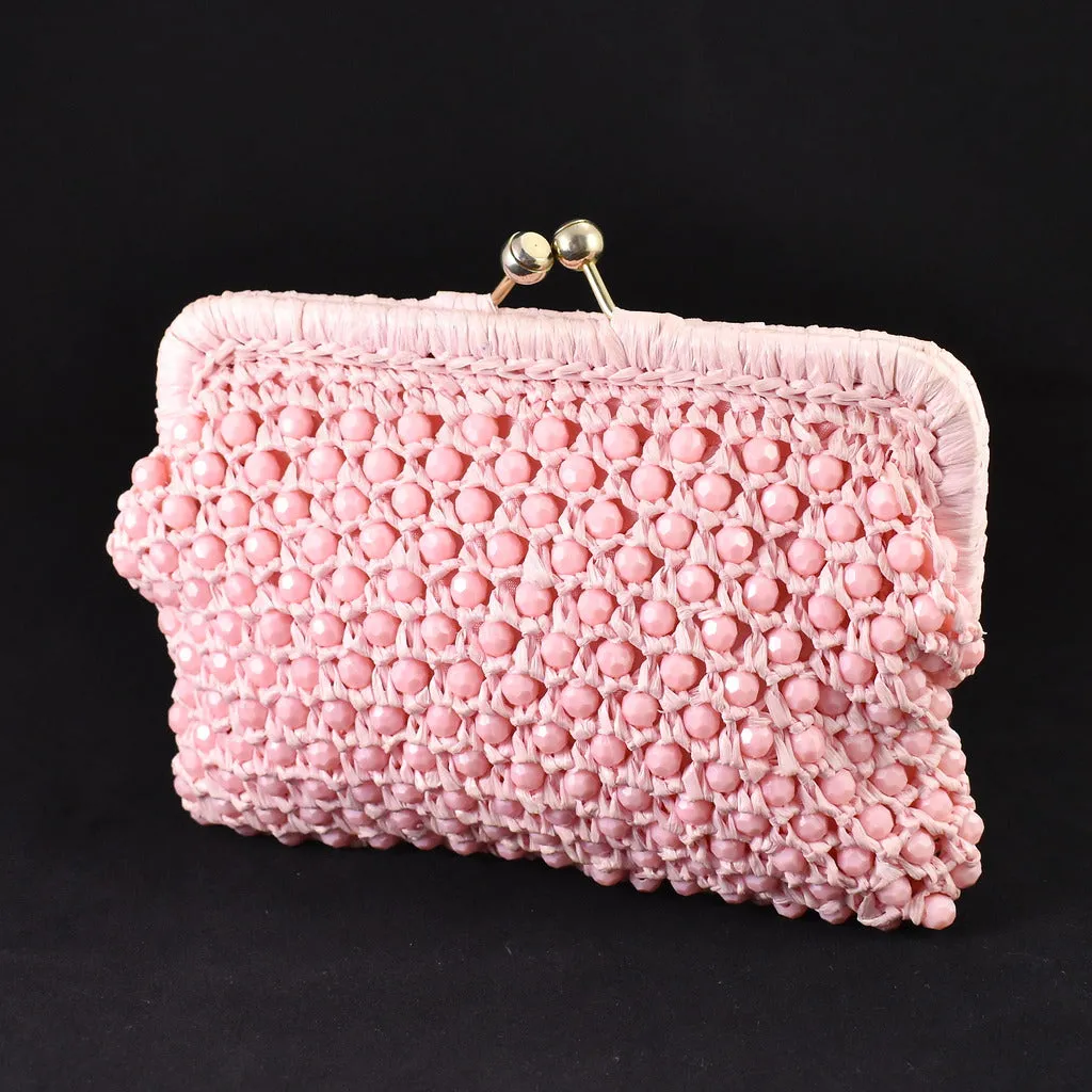 1950s Vintage Pink Bead & Raffia Clutch