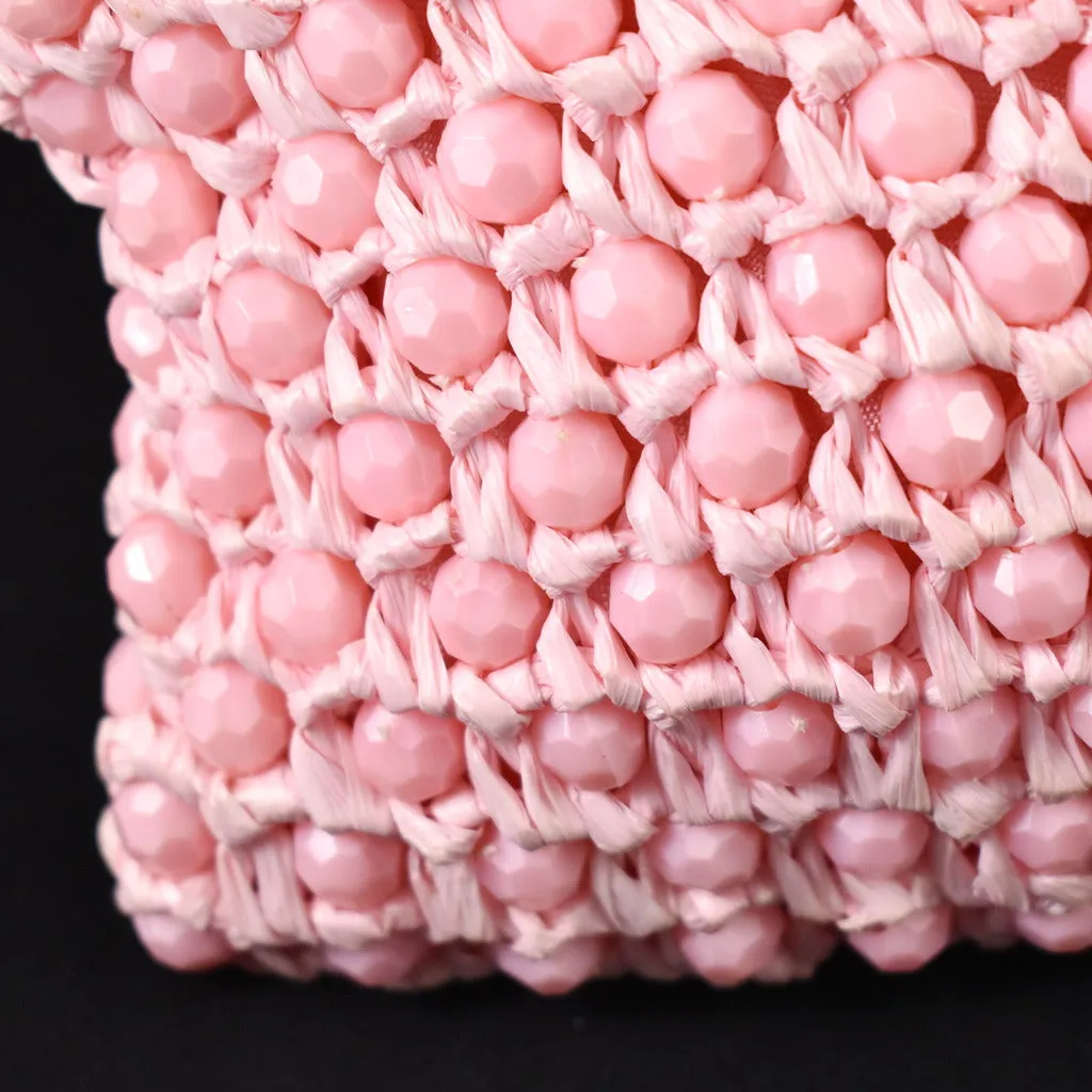 1950s Vintage Pink Bead & Raffia Clutch