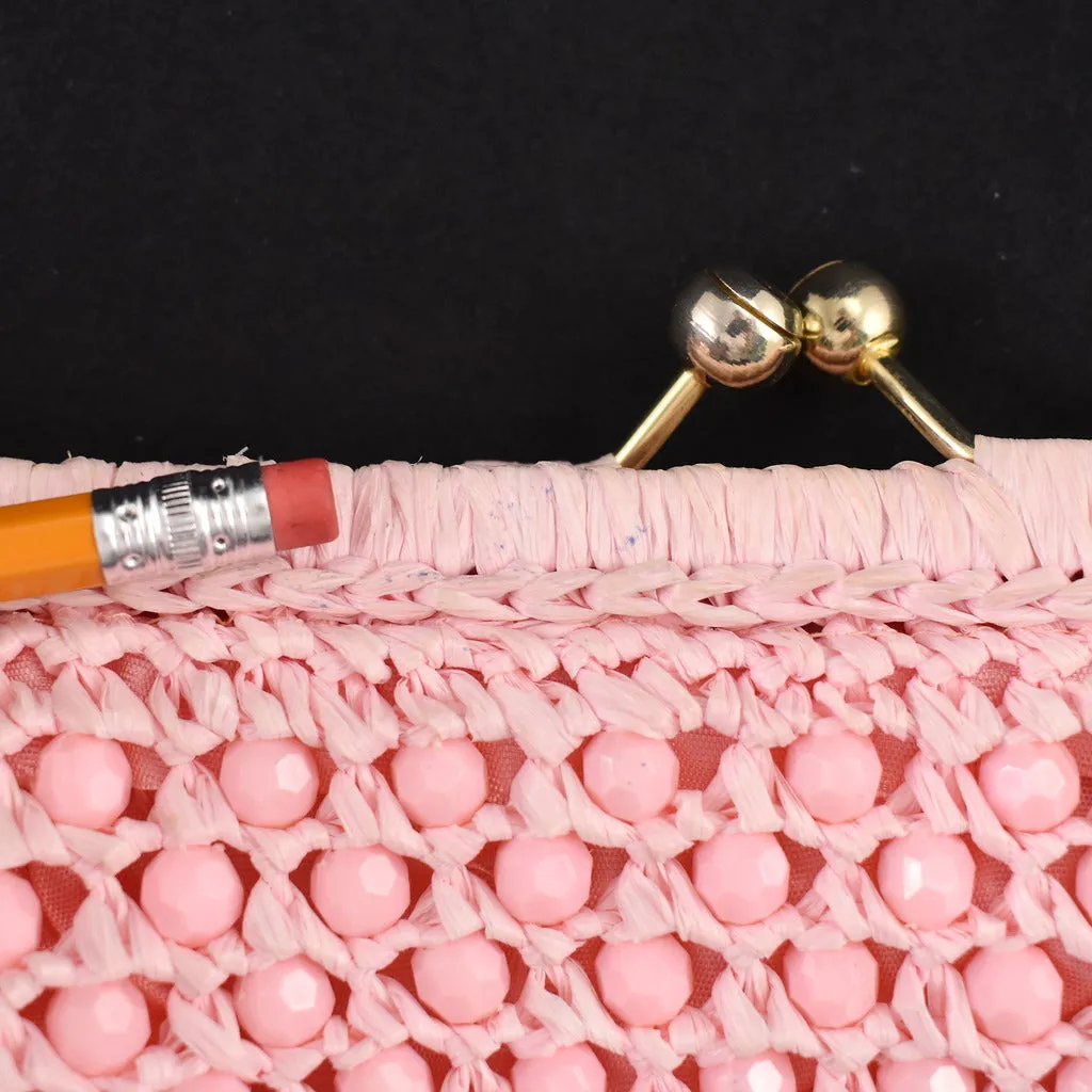1950s Vintage Pink Bead & Raffia Clutch