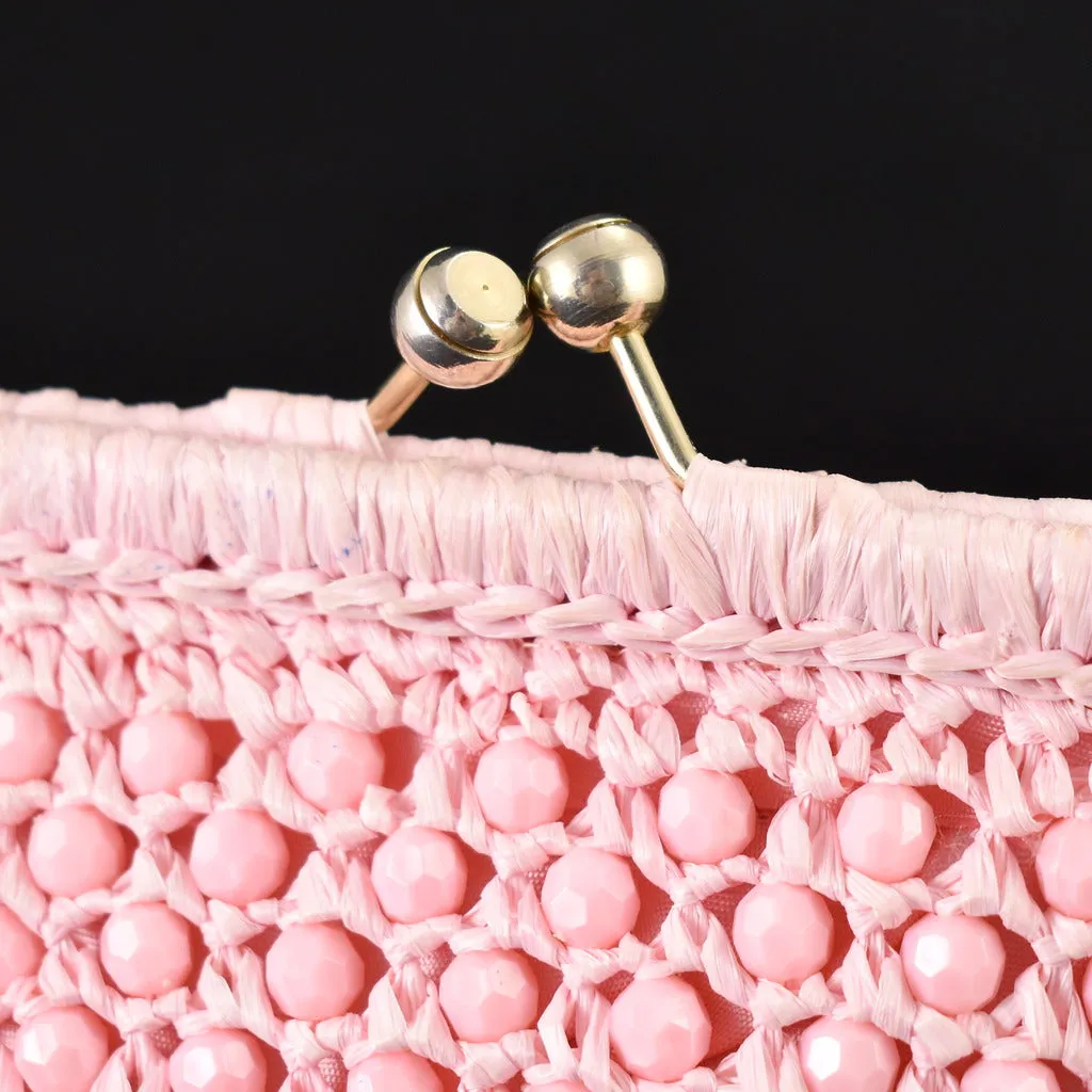 1950s Vintage Pink Bead & Raffia Clutch