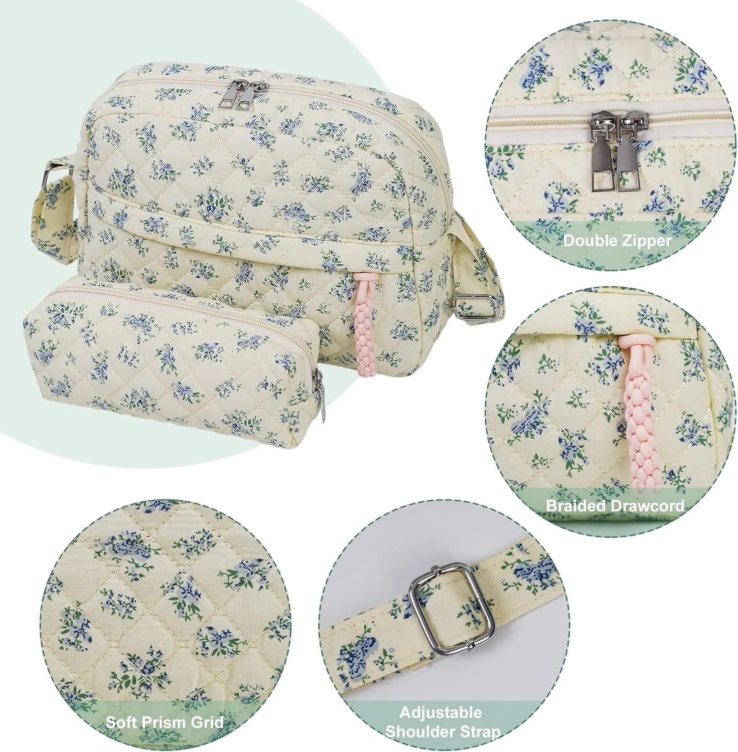 2 PCS/Set Small Cute Floral Quilted Crossbody Bag with Multi-Pockets for Women, Tote Shoulder Everyday Handbags
