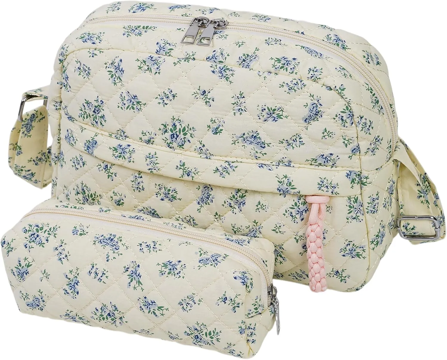2 PCS/Set Small Cute Floral Quilted Crossbody Bag with Multi-Pockets for Women, Tote Shoulder Everyday Handbags