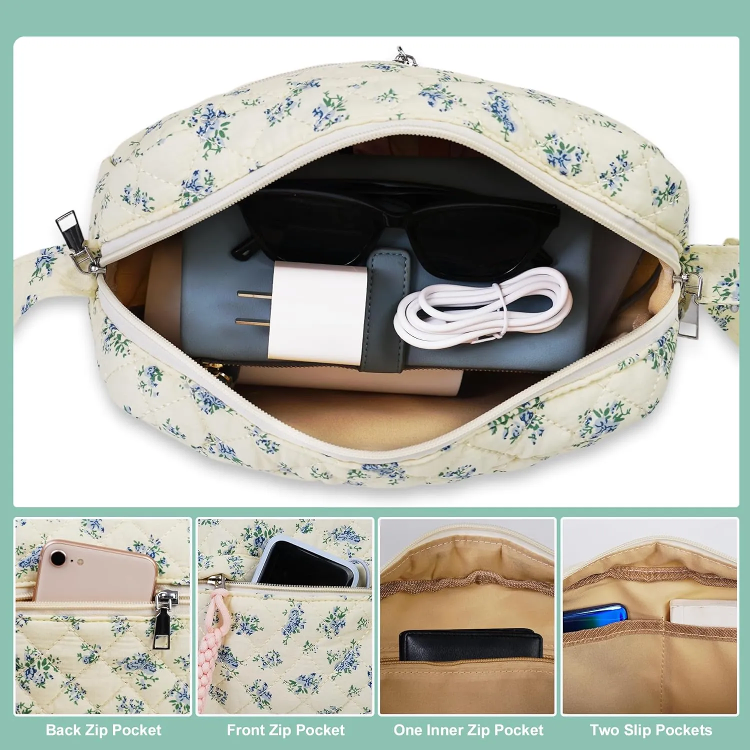 2 PCS/Set Small Cute Floral Quilted Crossbody Bag with Multi-Pockets for Women, Tote Shoulder Everyday Handbags