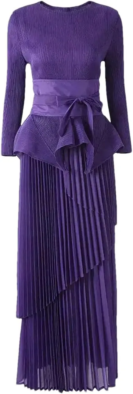 2 Pieces Pleated Set for Women Irregular Ruffles Top with Long Fashion Skirts Party Clothing