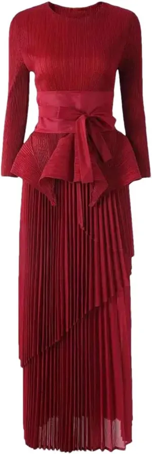 2 Pieces Pleated Set For Women Irregular Ruffles Top With Long Fashion Skirts Party Clothing