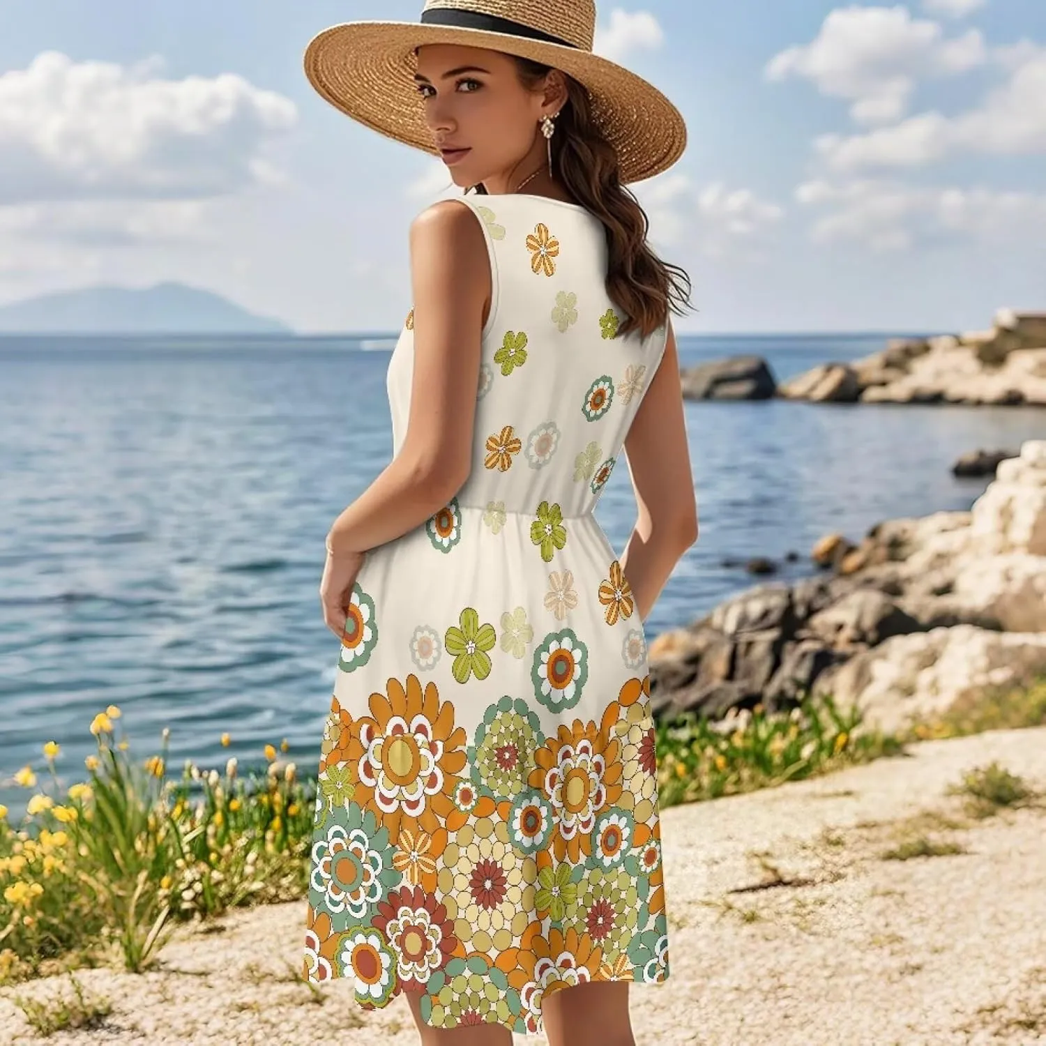 2025 Women Summer Round Neck Dress Casual Loose Fit Beach Sundresses Sleeveless Midi Dresses (S-5XL)