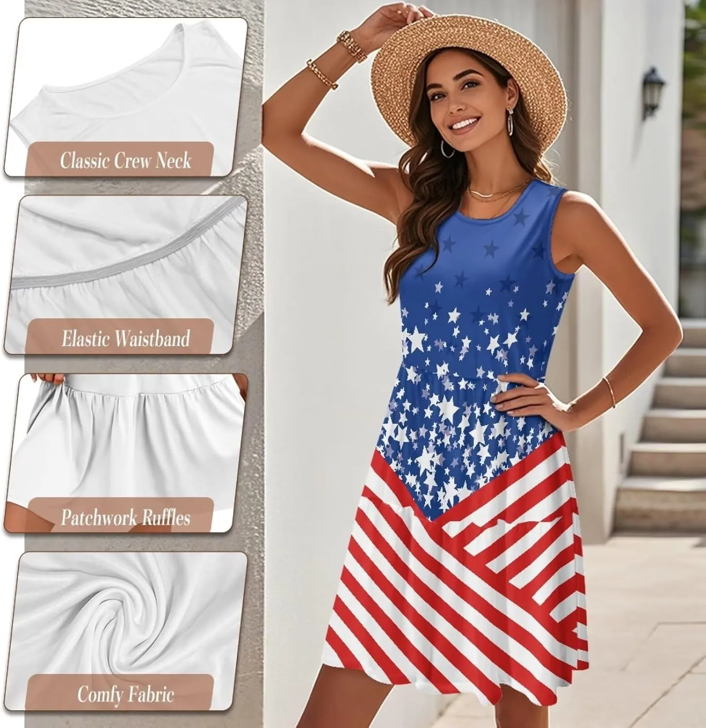 2025 Women Summer Round Neck Dress Casual Loose Fit Beach Sundresses Sleeveless Midi Dresses (S-5XL)
