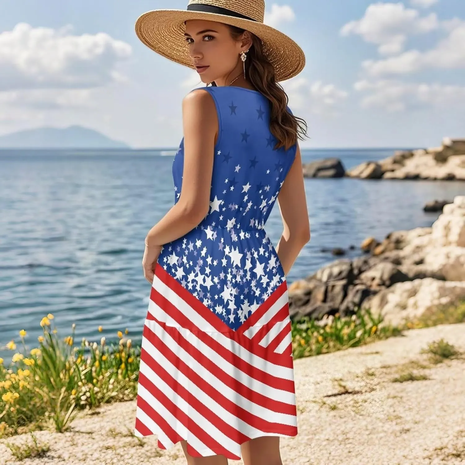2025 Women Summer Round Neck Dress Casual Loose Fit Beach Sundresses Sleeveless Midi Dresses (S-5XL)