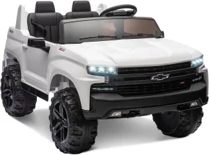24V Ride On Toy for Big Kids with Remote Control,Licensed Chevrolet Silverado Electric Car for Kids,2 Seater,Faster 2.5-5 Mph,Soft Start,Emergency Brake,Bluetooth Music,Big Wheels (White)