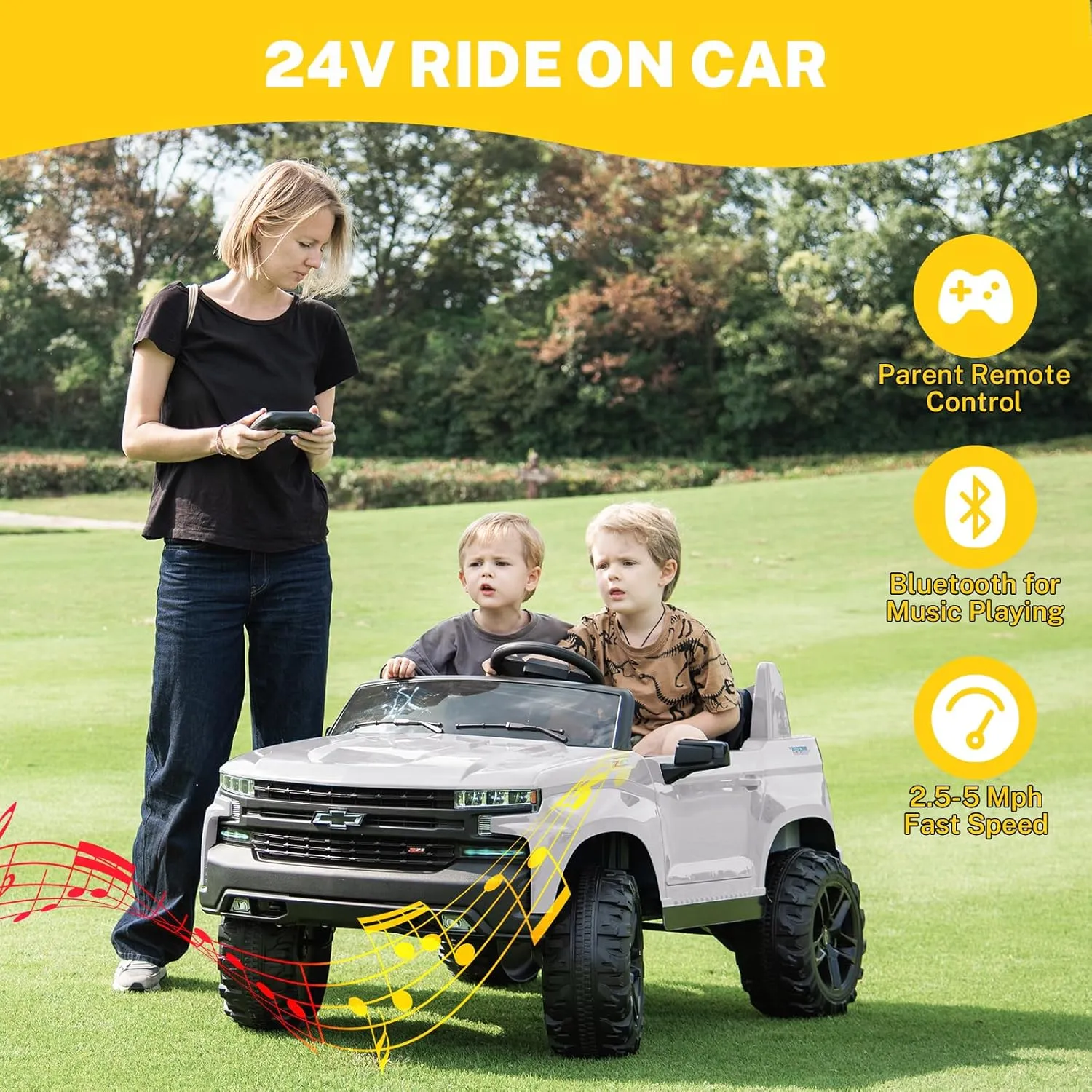 24V Ride On Toy for Big Kids with Remote Control,Licensed Chevrolet Silverado Electric Car for Kids,2 Seater,Faster 2.5-5 Mph,Soft Start,Emergency Brake,Bluetooth Music,Big Wheels (White)