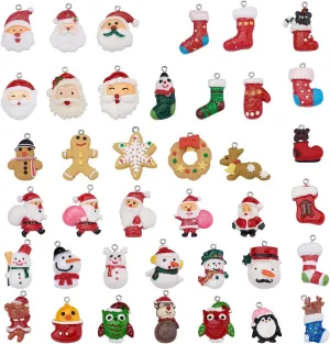 39pcs Xmas Theme Resin Pendants Assorted Christmas Stocking Snowman Santa Claus Snowflake Gingerbread Man Dangle Charms with Hanging Loop for Holiday Necklace Bracelet Jewelry Making Bag Decor