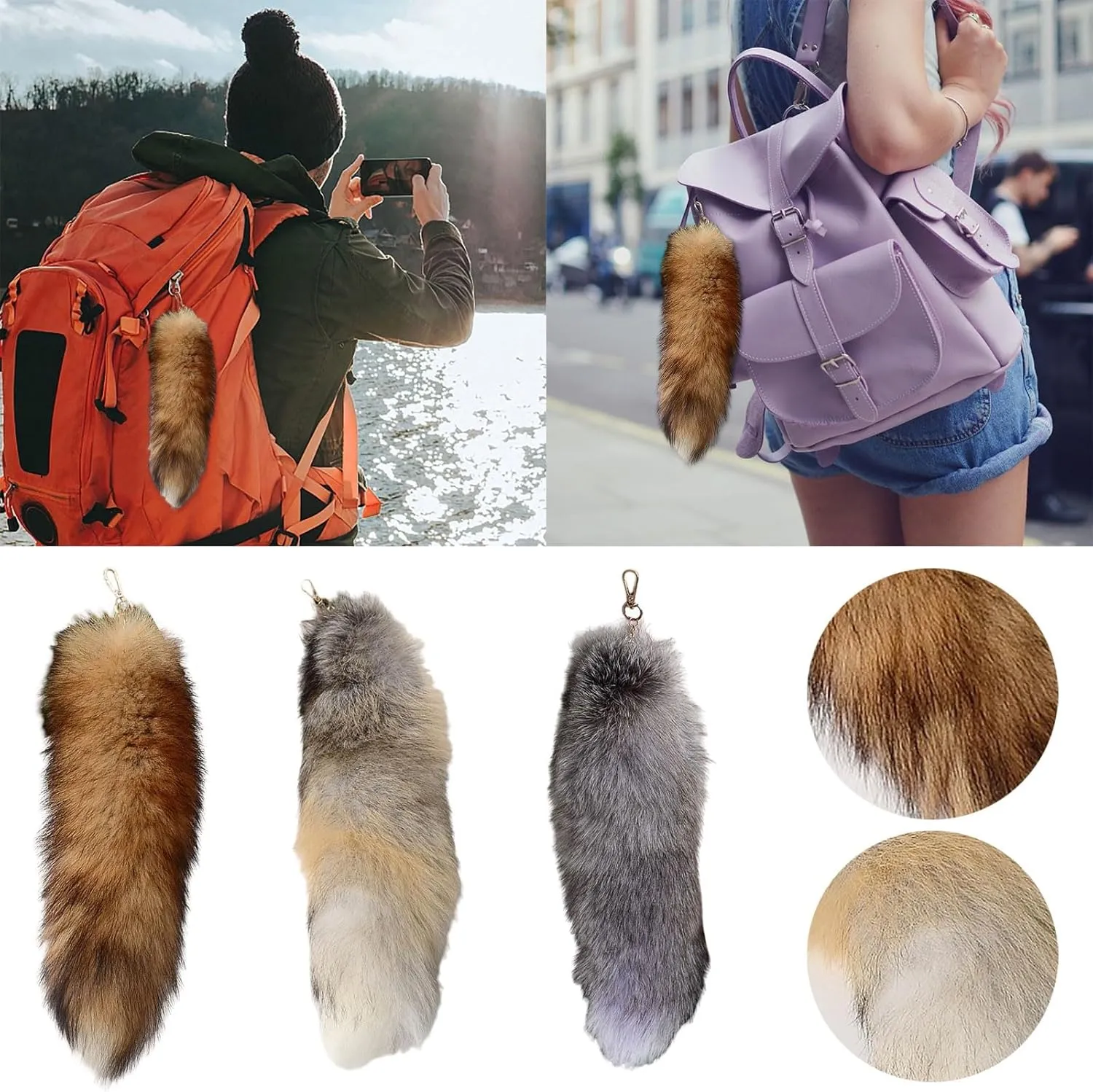 3Pcs Huge Fluffy Fox Tail Fur Keychain for Women, Faux Animal Tail Fox Tail Key Chain Handbag Accessory Cosplay Hook Pendant
