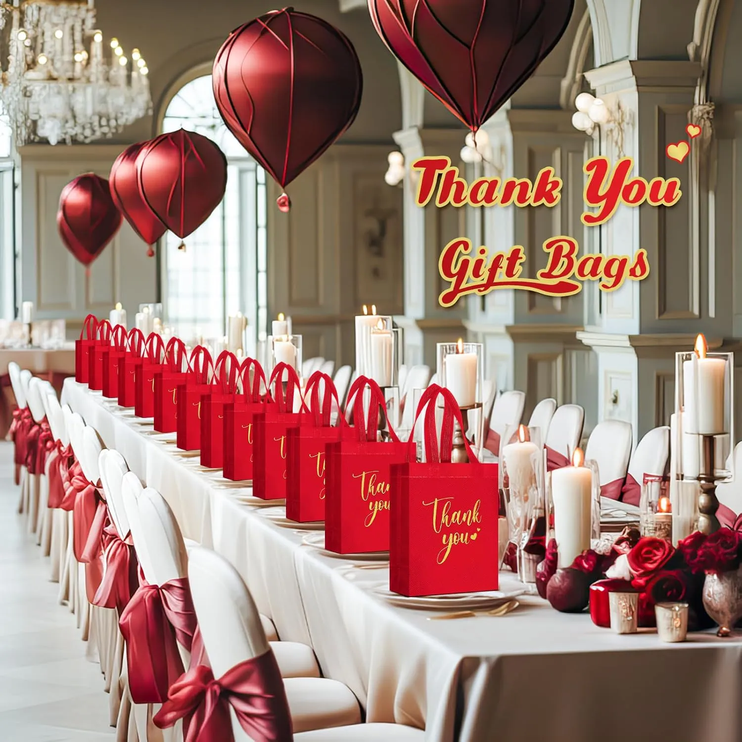 50 Pcs Thank You Gift Bags with Handles Bulk Thank You Non Woven Bags Reusable Gift Handbags Bridesmaid Souvenir Goodie Handbags for Wedding Shopping(10 x 8 x 4 Inch,Red)