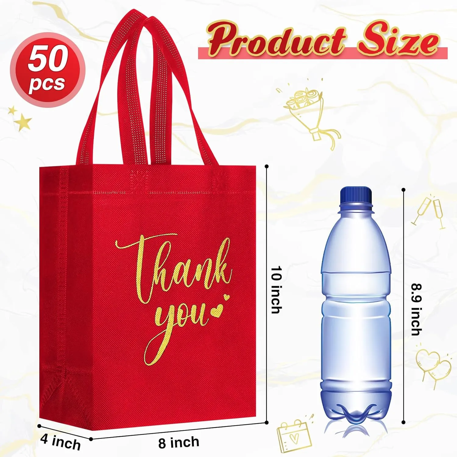 50 Pcs Thank You Gift Bags with Handles Bulk Thank You Non Woven Bags Reusable Gift Handbags Bridesmaid Souvenir Goodie Handbags for Wedding Shopping(10 x 8 x 4 Inch,Red)