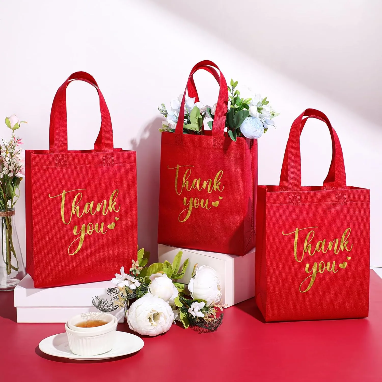 50 Pcs Thank You Gift Bags with Handles Bulk Thank You Non Woven Bags Reusable Gift Handbags Bridesmaid Souvenir Goodie Handbags for Wedding Shopping(10 x 8 x 4 Inch,Red)