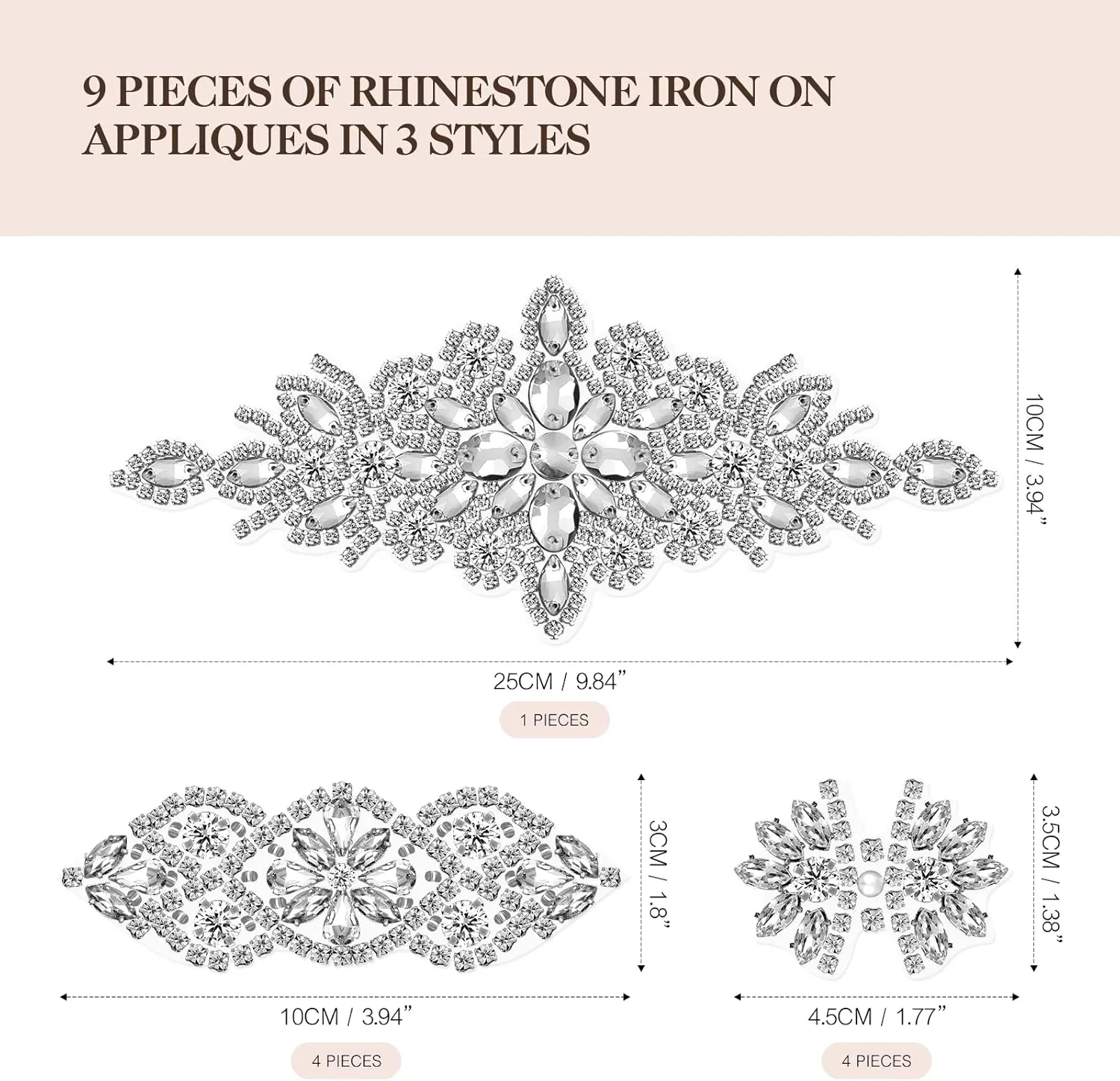 9 Pcs Rhinestone Applique Iron on Patch 3 Style Rhinestone Hot Fix Applique Wedding Hair Appliques for Bridal Wedding Dress Clothing Sash Crystal Belt Sewing Appliques for Shoes(Silver)