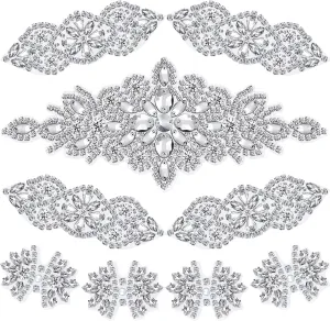 9 Pcs Rhinestone Applique Iron on Patch 3 Style Rhinestone Hot Fix Applique Wedding Hair Appliques for Bridal Wedding Dress Clothing Sash Crystal Belt Sewing Appliques for Shoes(Silver)