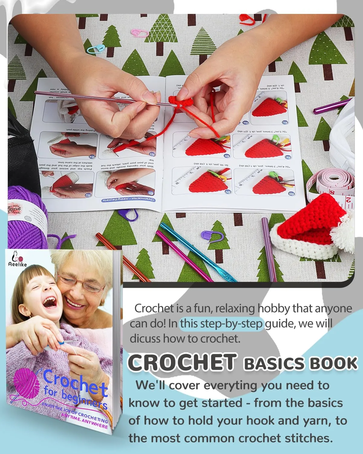 Aeelike Beginner Crochet Kit with Yarn, Learn to Crochet Set for Adult and Kids Includes 12pcs Acrylic Yarn 21pcs Crochet Hooks Crocheting Instruction and Cow Storage Bag,Travel Kit for Crochet Lover