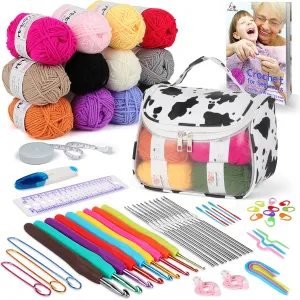 Aeelike Beginner Crochet Kit with Yarn, Learn to Crochet Set for Adult and Kids Includes 12pcs Acrylic Yarn 21pcs Crochet Hooks Crocheting Instruction and Cow Storage Bag,Travel Kit for Crochet Lover
