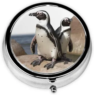African Penguin Pill Box Round Pill Case for Pocket Purse 3 Compartment Medicine Pill Organizer Cute Portable Travel Pillbox Vitamin Cod Liver Oil Storage Box Unique Gift Organizer