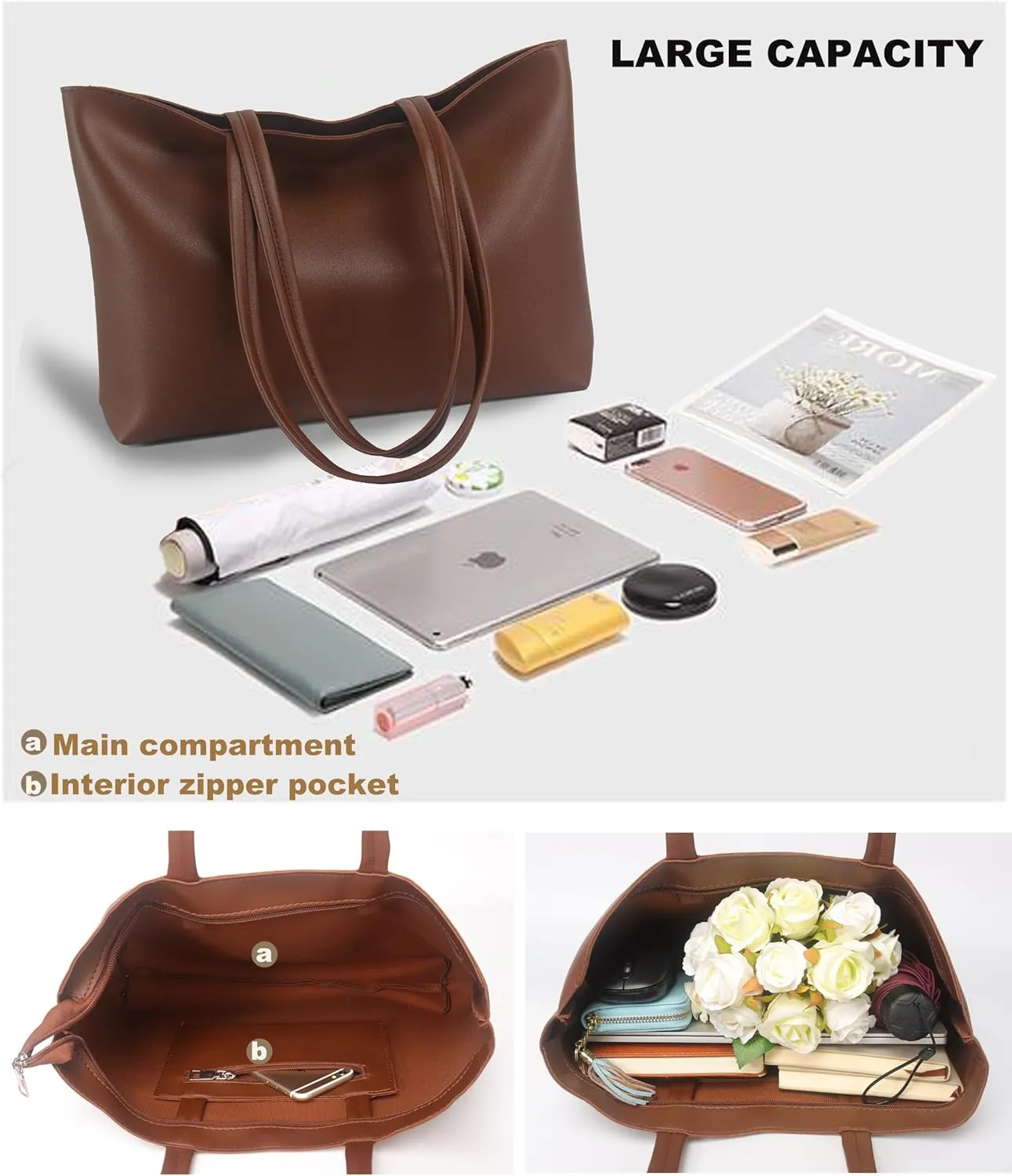 ALUWU Tote Bag for Women with Zipper Faux Leather Shoulder Handbags Work Purses