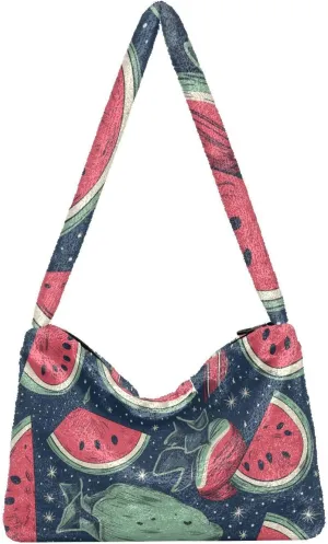 American July 4 Watermelon Creative Plush Tote Bag, Medium Shoulder Bag for Women, Autumn Handbags