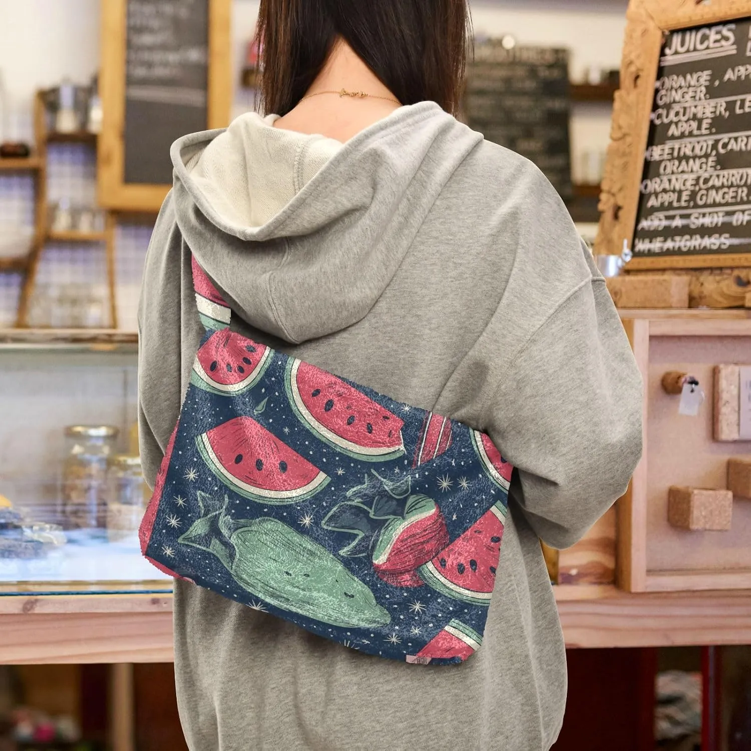 American July 4 Watermelon Creative Plush Tote Bag, Medium Shoulder Bag for Women, Autumn Handbags