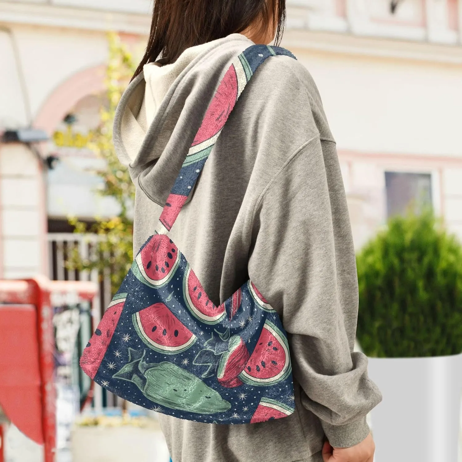 American July 4 Watermelon Creative Plush Tote Bag, Medium Shoulder Bag for Women, Autumn Handbags