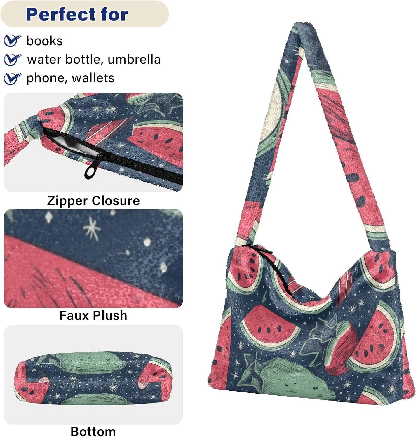 American July 4 Watermelon Creative Plush Tote Bag, Medium Shoulder Bag for Women, Autumn Handbags