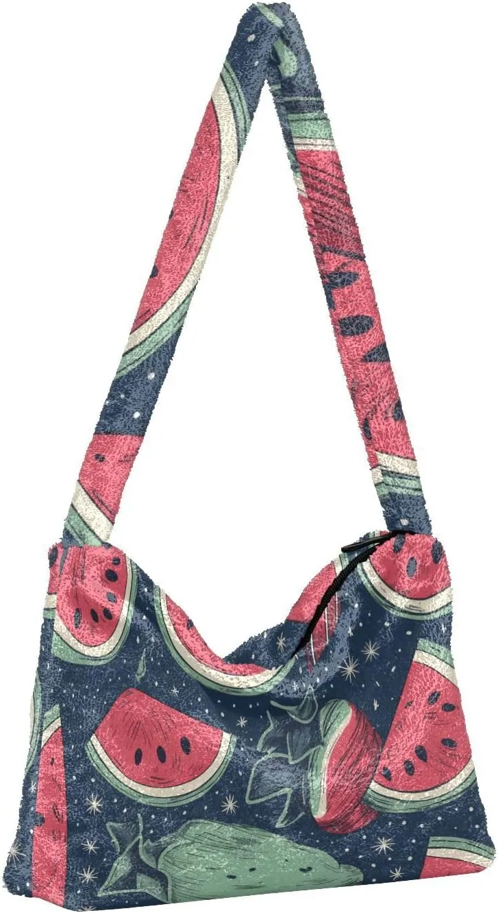 American July 4 Watermelon Creative Plush Tote Bag, Medium Shoulder Bag for Women, Autumn Handbags