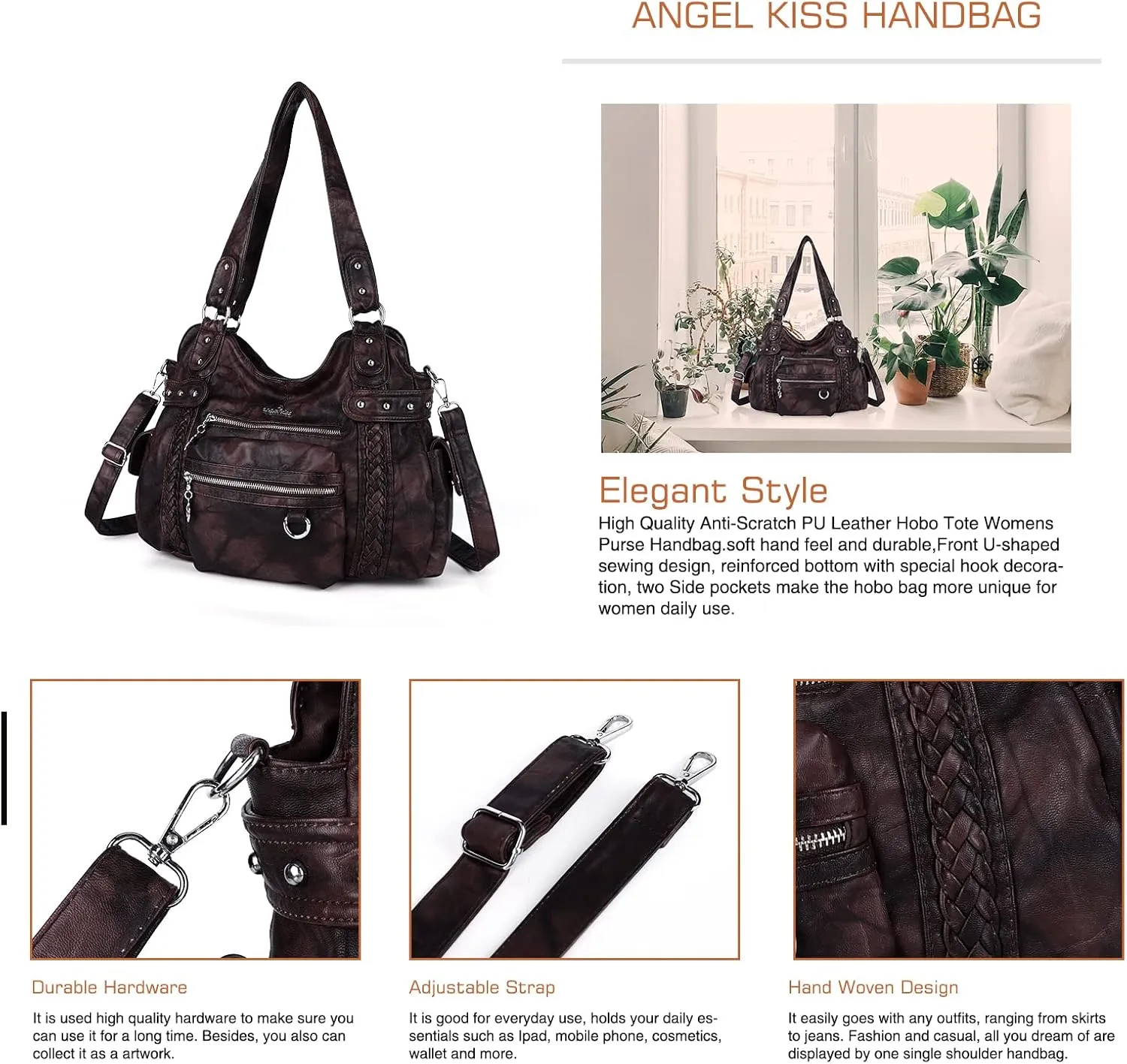 Angel Kiss Hobo Handbags for Women Soft PU Leather Shoulder Handbags Ladies Purses