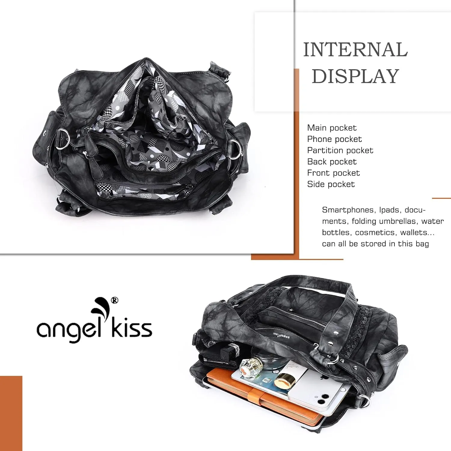 Angel Kiss Hobo Handbags for Women Soft PU Leather Shoulder Handbags Ladies Purses