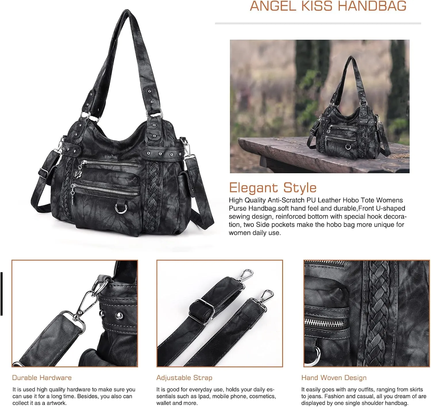 Angel Kiss Hobo Handbags for Women Soft PU Leather Shoulder Handbags Ladies Purses