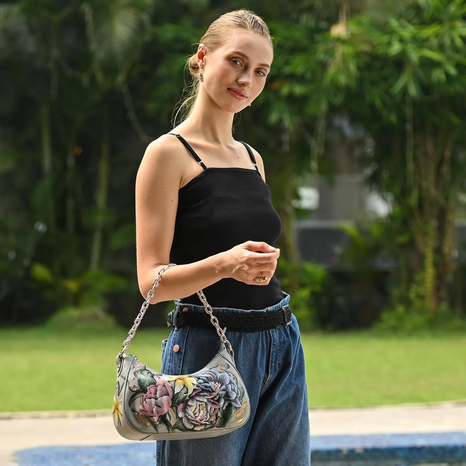 Anuschka Women’s Original Hand-Painted Genuine Leather Ruched East West Hobo With Chain, Made in India