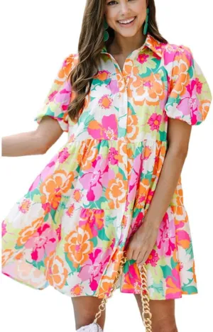 Apvirdy Women's Floral Puff Sleeve Loose Collar Buttoned Babydoll Dress 2025 Fshion Casual Loose Summer Dress