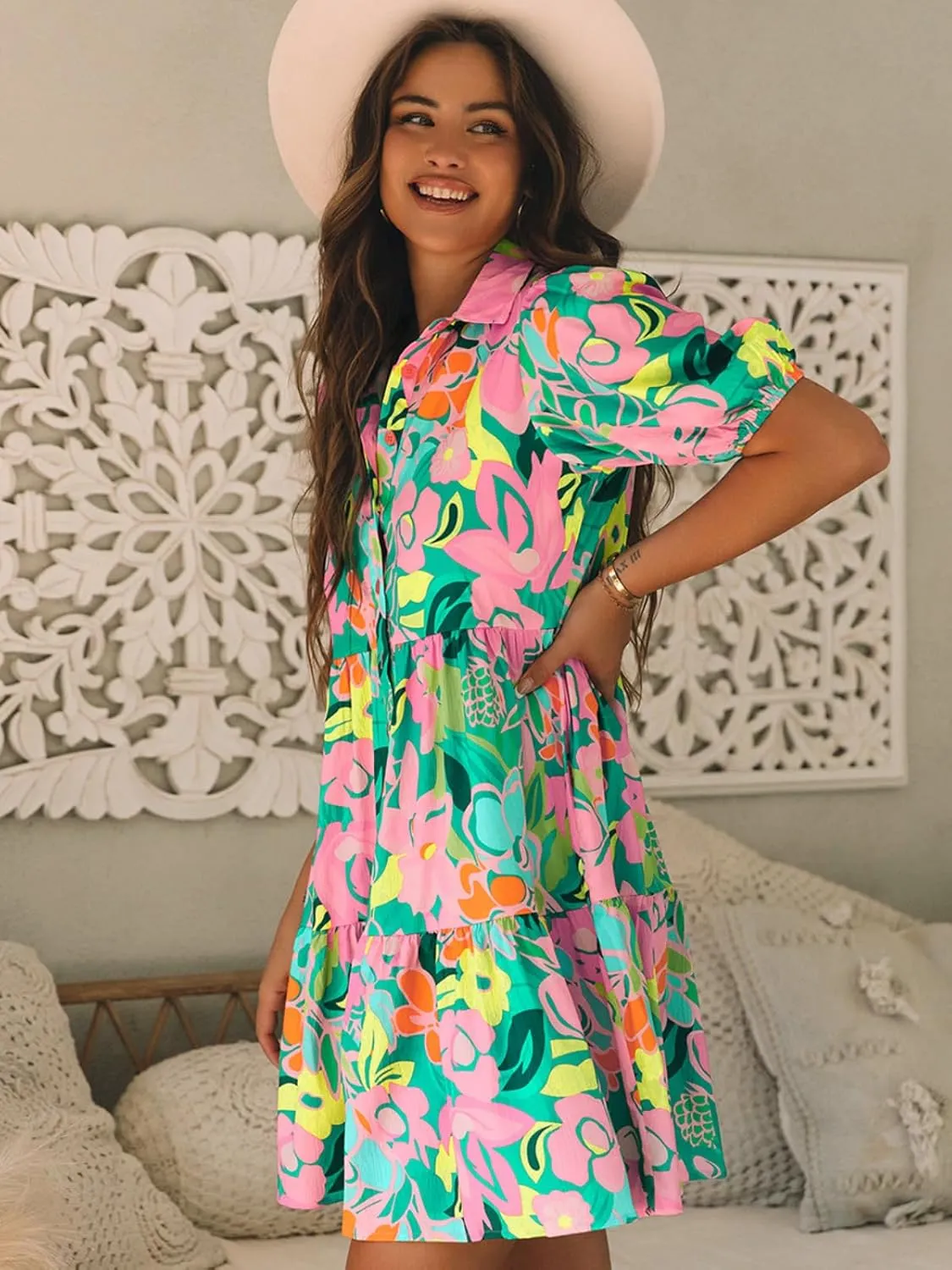 Apvirdy Women's Floral Puff Sleeve Loose Collar Buttoned Babydoll Dress 2025 Fshion Casual Loose Summer Dress