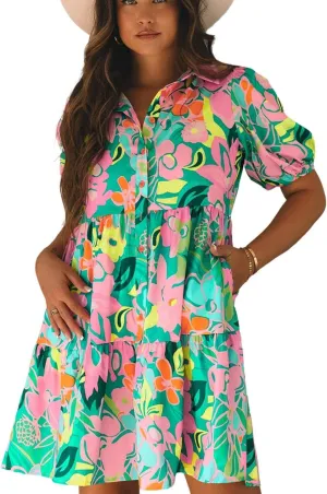 Apvirdy Women's Floral Puff Sleeve Loose Collar Buttoned Babydoll Dress 2025 Fshion Casual Loose Summer Dress