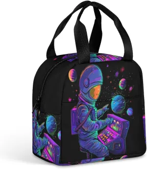 Astronaut Playing Arcade Games Funny Reusable Lunch Bag Insulated Tote Box Cooler Food Handbags Case For Women Men 8.5 X 8 X 5 Inches