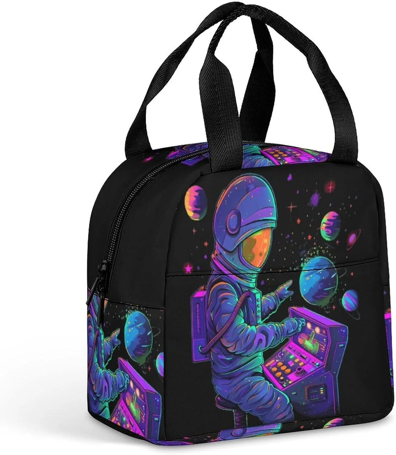 Astronaut Playing Arcade Games Funny Reusable Lunch Bag Insulated Tote Box Cooler Food Handbags Case For Women Men 8.5 X 8 X 5 Inches