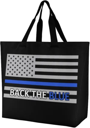 Back The Blue Police Line Flag Travel Tote Bag Reusable Shoulder Grocery Shopping Bags Handbag for Women Men Gifts