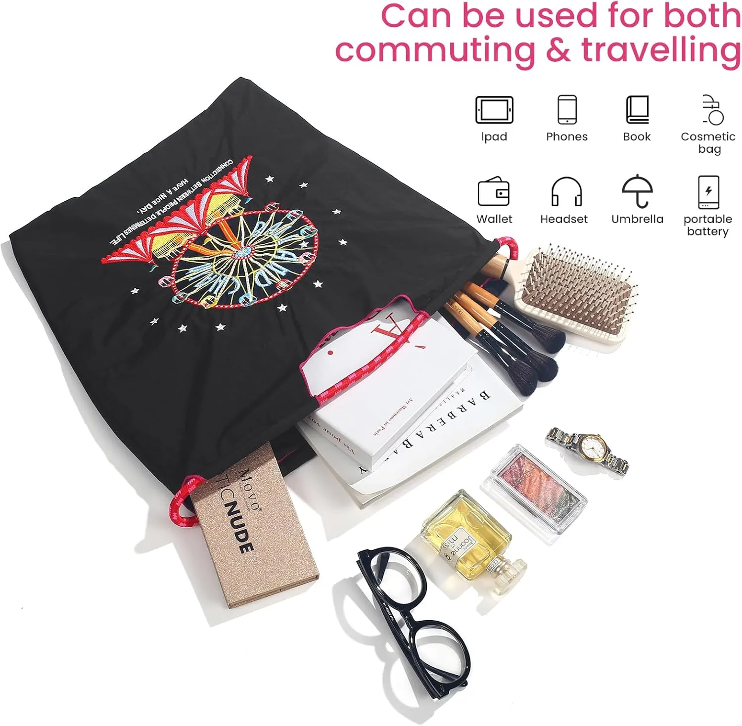 Ball&Chain Embroidery Ferris Wheel Nylon Tote Bag for Women, HandBags Large Capacity Casual Handbags for Mom Teacher Friend
