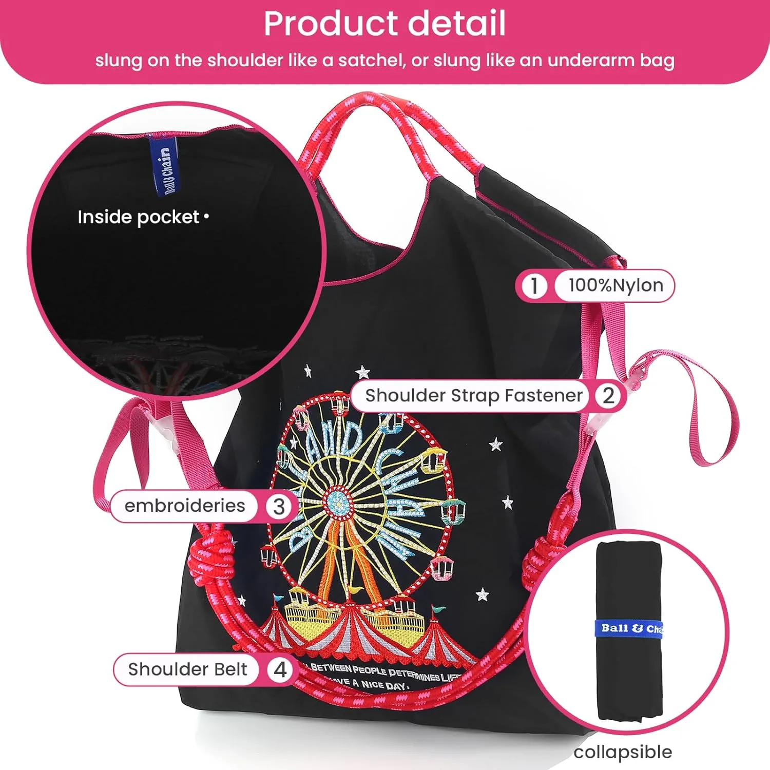 Ball&Chain Embroidery Ferris Wheel Nylon Tote Bag for Women, HandBags Large Capacity Casual Handbags for Mom Teacher Friend