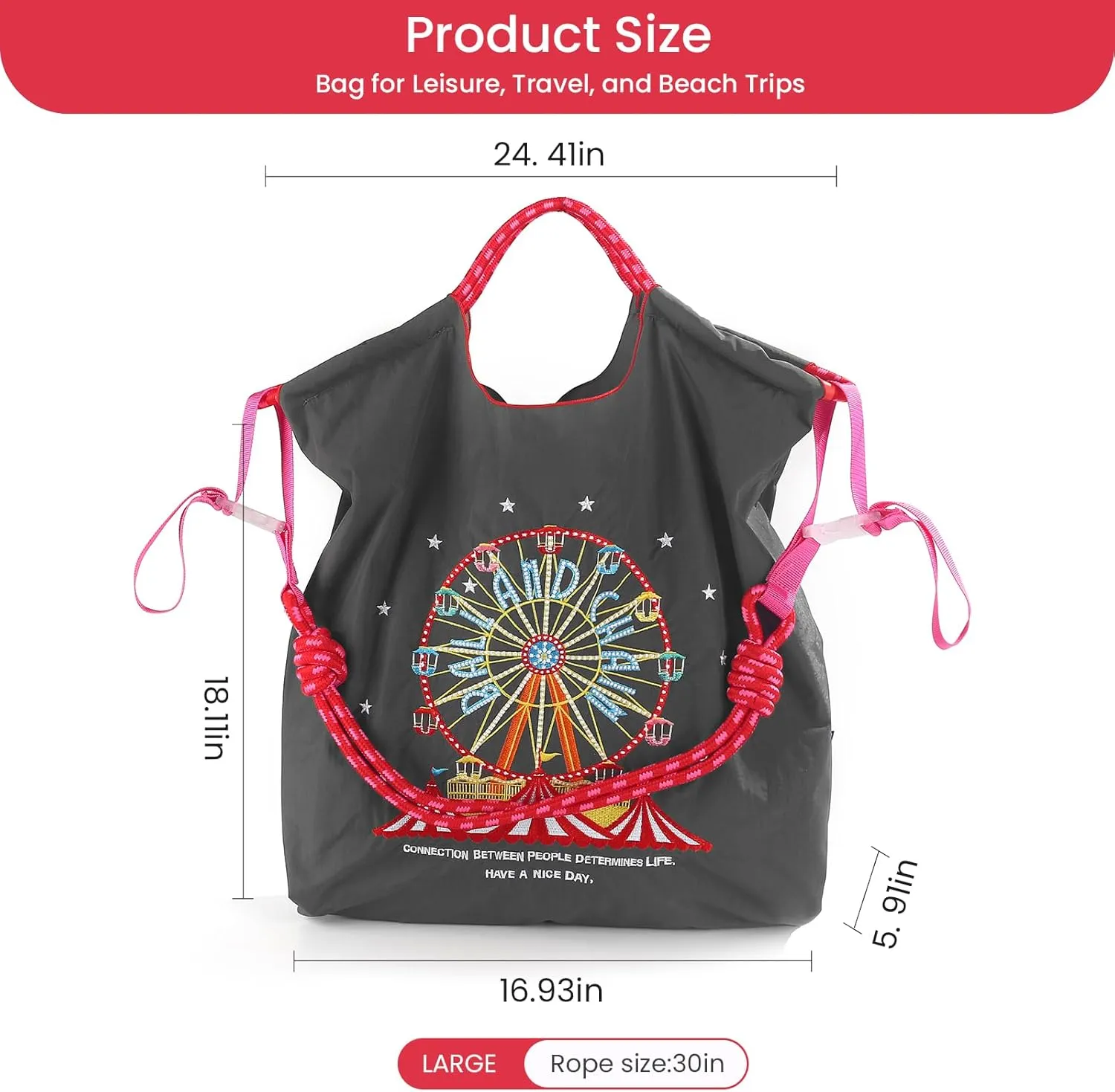 Ball&Chain Embroidery Ferris Wheel Nylon Tote Bag for Women, HandBags Large Capacity Casual Handbags for Mom Teacher Friend