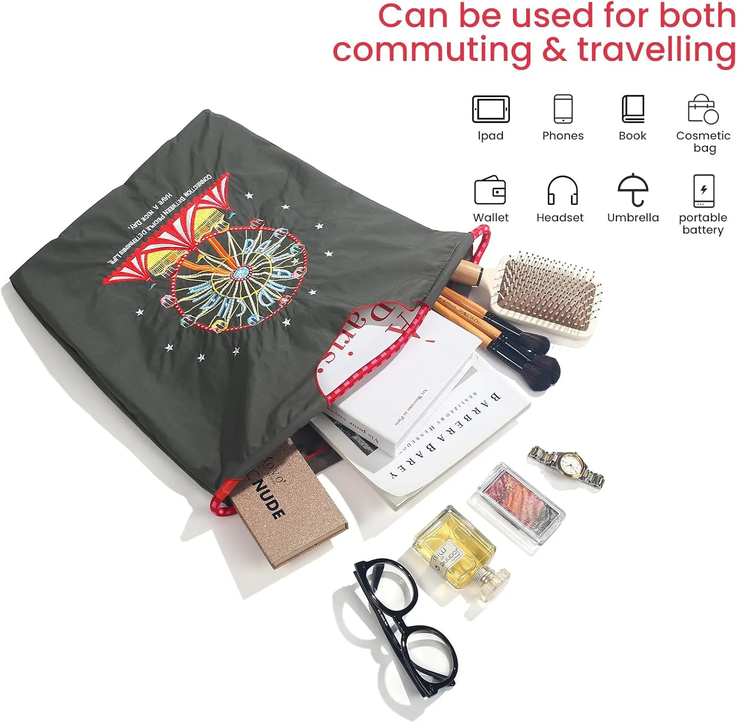 Ball&Chain Embroidery Ferris Wheel Nylon Tote Bag for Women, HandBags Large Capacity Casual Handbags for Mom Teacher Friend