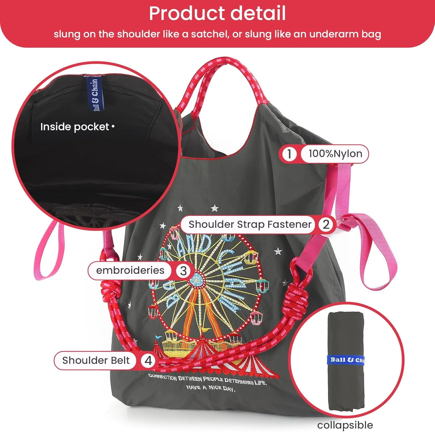 Ball&Chain Embroidery Ferris Wheel Nylon Tote Bag for Women, HandBags Large Capacity Casual Handbags for Mom Teacher Friend