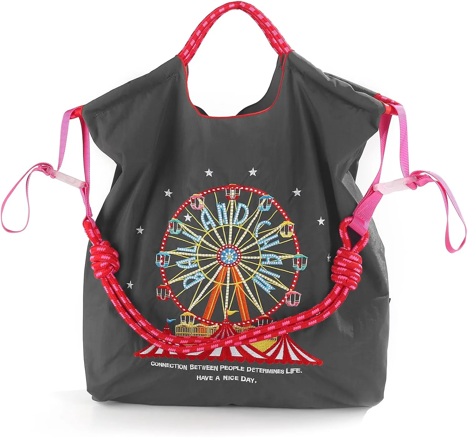 Ball&Chain Embroidery Ferris Wheel Nylon Tote Bag for Women, HandBags Large Capacity Casual Handbags for Mom Teacher Friend