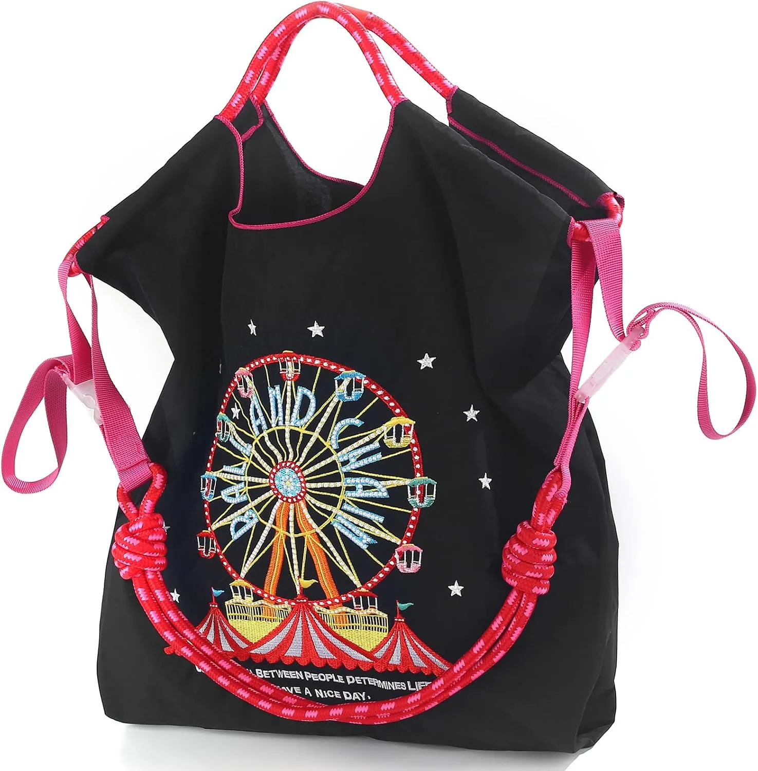 Ball&Chain Embroidery Ferris Wheel Nylon Tote Bag for Women, HandBags Large Capacity Casual Handbags for Mom Teacher Friend